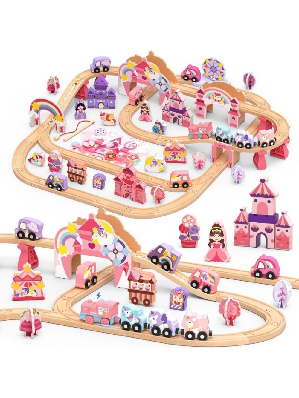 Deluxe 105-Piece Unicorn Castle Electric Wooden Train Set for Kids - Fun